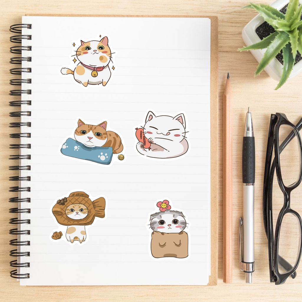Set 50 chiếc sticker chống nước MÈO TRẮNG DỄ THƯƠNG dán mũ bảo hiểm, laptop, vali, ốp lưng, guitar, dán xe