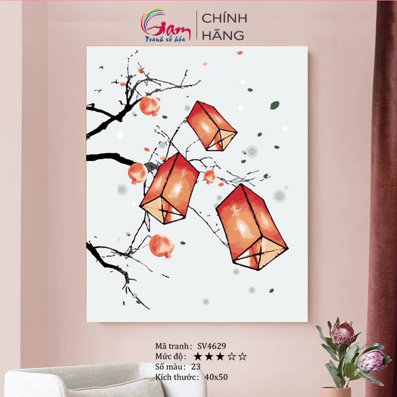 Tranh Treo Tường Trang Trí GAM Tự Tô Màu Theo Số Đèn Lồng Đỏ Có Khung Nâng Cấp Lọ Màu 5ml Kèm 2 Bộ Cọ SV4629