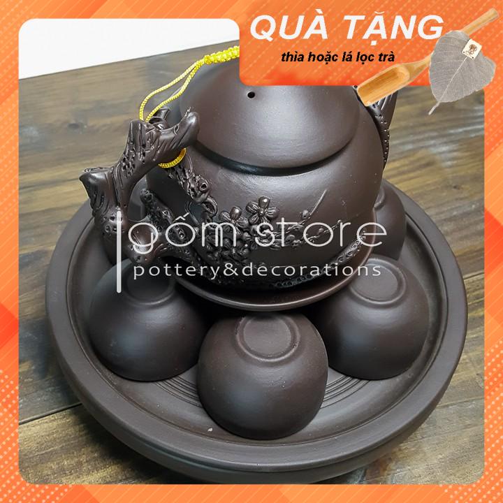 Ấm trà tử sa Bát Tràng đắp nổi có khay ấm chén tròn 2 tầng lỗ thủng chứa trà thừa