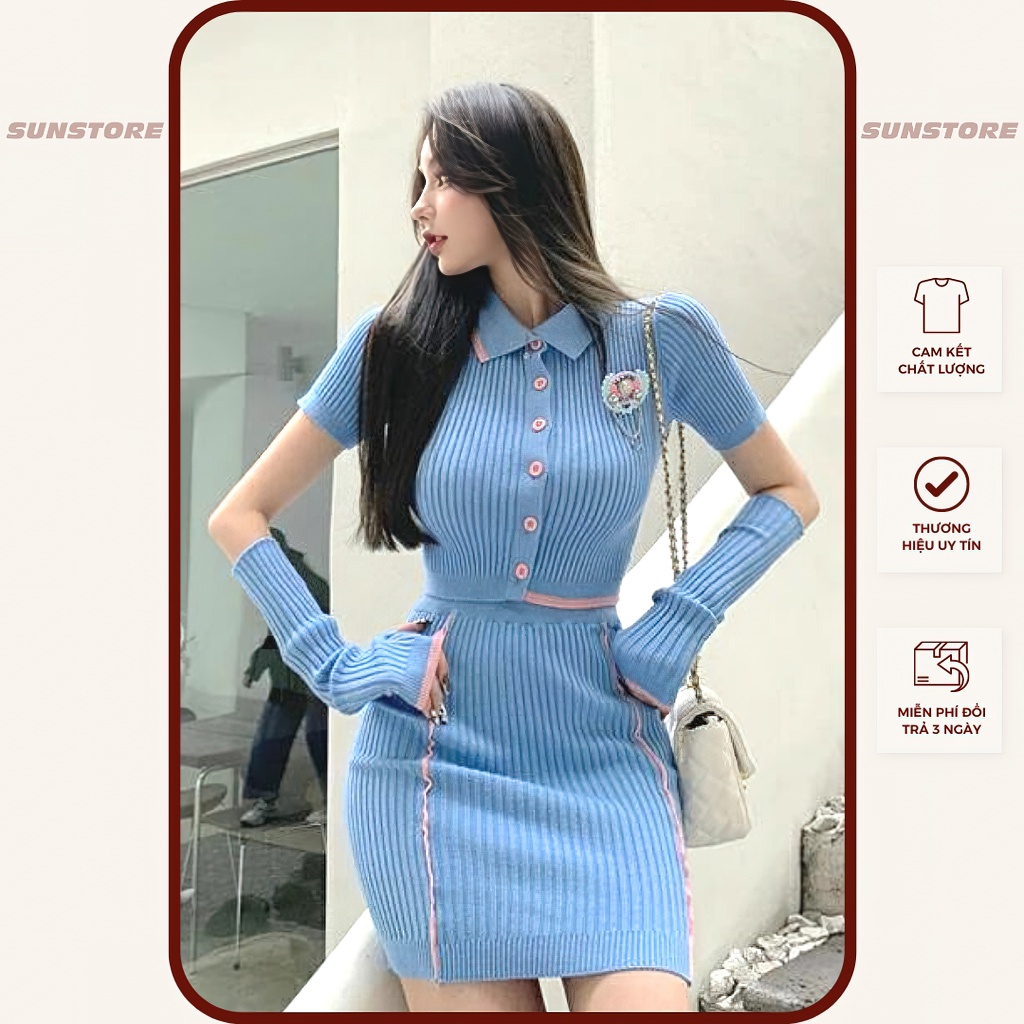 Set đồ nữ đi chơi gồm chân váy ôm body và áo thun ngắn tay và đôi găng tay chất thun len co giãn thoải mái 2 màu