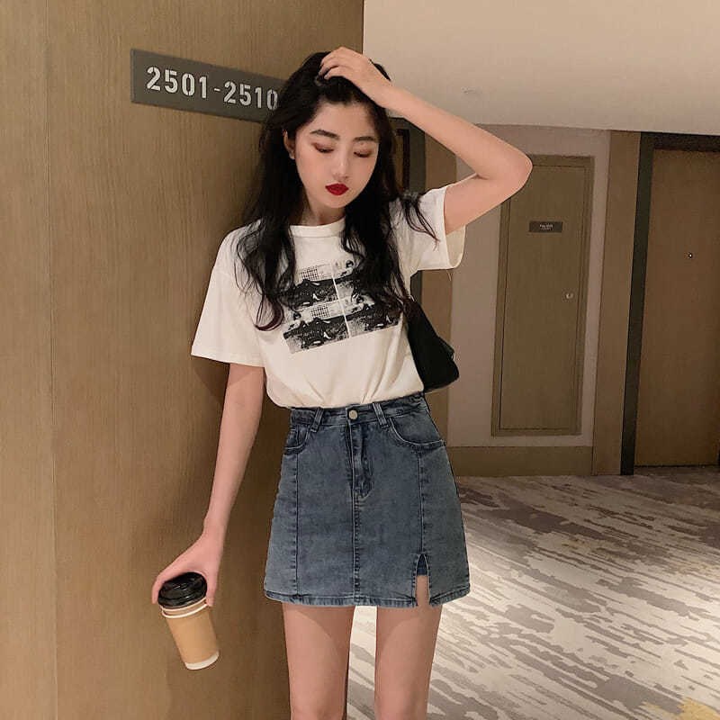 Chân váy jean SUXI dáng chữ A lưng cao xẻ tà thời trang mùa hè cho nữ