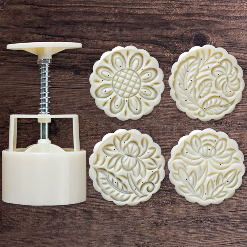 be❀  4pcs Hand Press Cookie Stamp Moon Cake Decor Barrel Mooncake Mold 125g Pastry DIY Tool