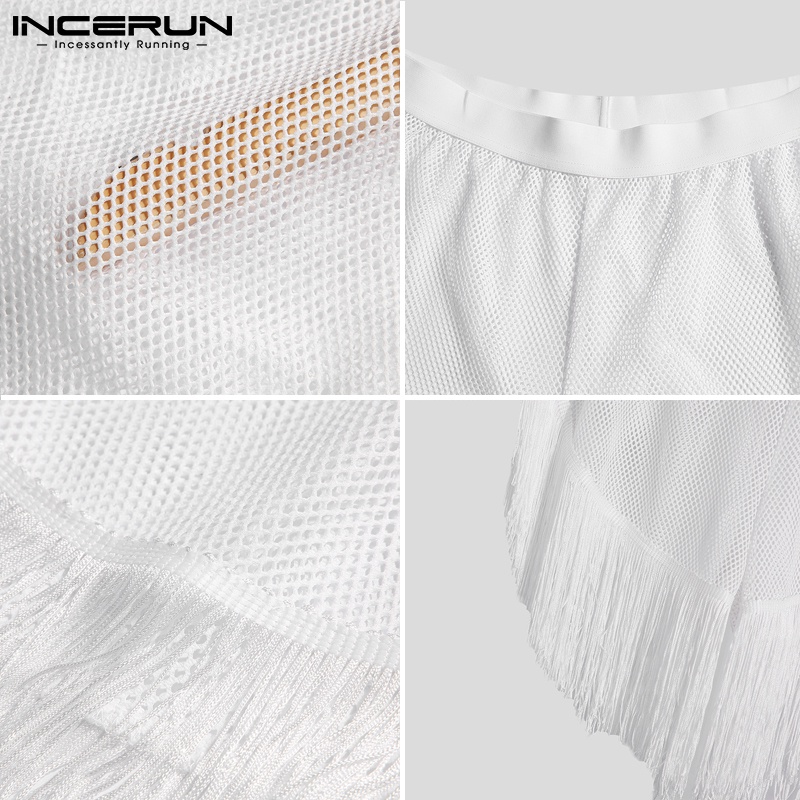 Quần short Incerun màu trắng phối tua rua thiết kế xuyên thấu thoáng khí thời trang cho nam