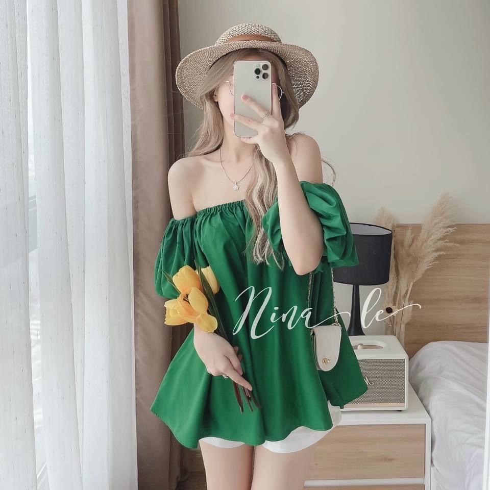 Set Bộ Áo Trễ Vai Quần Đùi Nữ Set Áo Chun Vai Chất Lụa 3 Màu Thích Hợp Dạo Phố