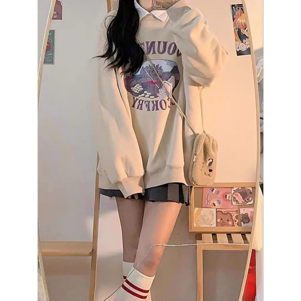 Bộ Áo Sweater Mỏng In Họa Tiết + Chân Váy Xếp Ly Lưng Cao Xinh Xắn Cho Nữ