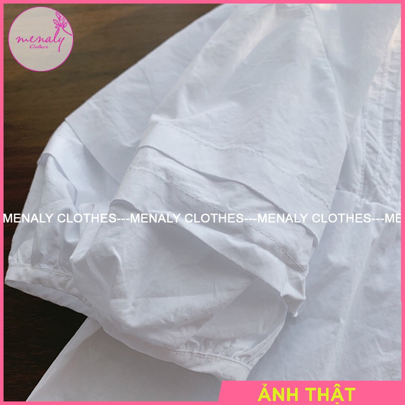 Áo babydoll cộc tay nữ dáng hàn quốc AH027, mẫu áo sơ mi kiểu cổ tròn cộc tay xếp ly ngực dáng rộng bầu bí bon chen