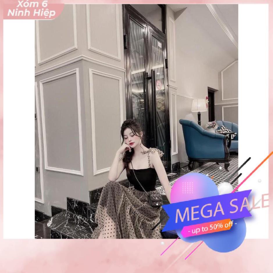 [HOT TREND 2021] Váy Maxi 2 Dây Phối Voan Chấm Bi Siêu Xinh MN