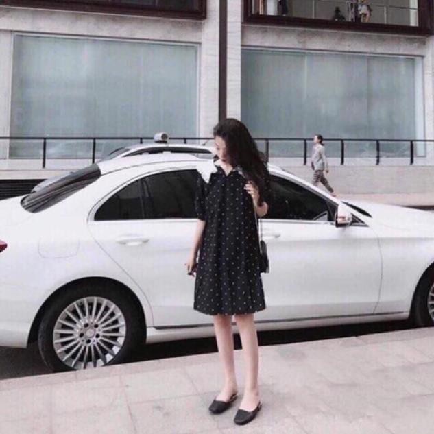 [Xả kho] Váy bầu chấm bi cổ sen cao cấpthiết kế sang chảnhchất liệu lụa chéo thái mát, mềm, mịn