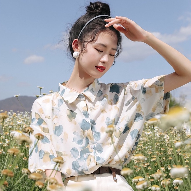 Áo Sơ Mi Voan Hoa Ngắn Tay Dáng Rộng Xinh Xắn Dành Cho Nữ