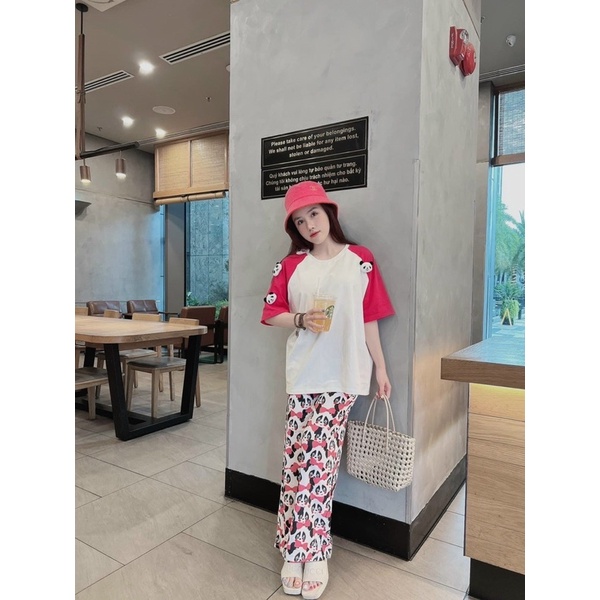 Set áo cotton phối tay hồng đính ghim gấu trúc quần suông gân T4