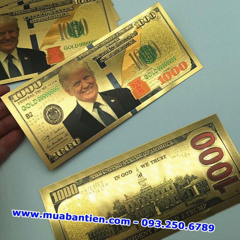 Tờ 1000 USD Mạ Vàng Donald Trump 99999999, $1000 tổng thống Trump, quà lưu niệm bằng plastic mạ vàng