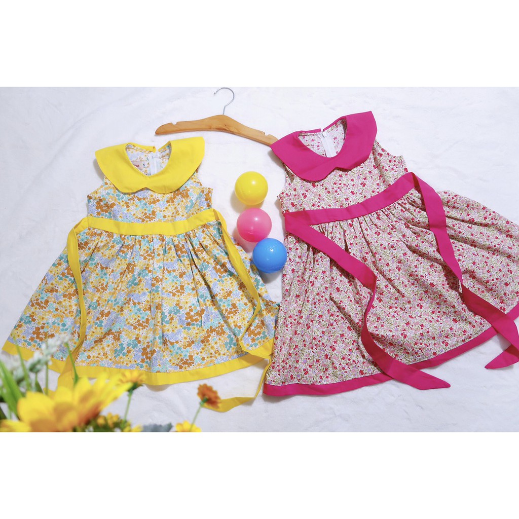 Váy đầm cho bé gái thô hoa tím cổ sen giọt nước 100% cotton, Thời trang thiết kế cho bé