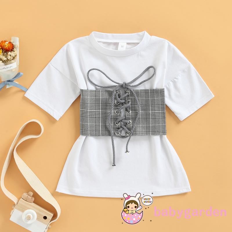 Váy thun tay ngắn kiểu cổ tròn trơn phối dây buộc thời trang cho bé gái từ 1 - 6 tuổi