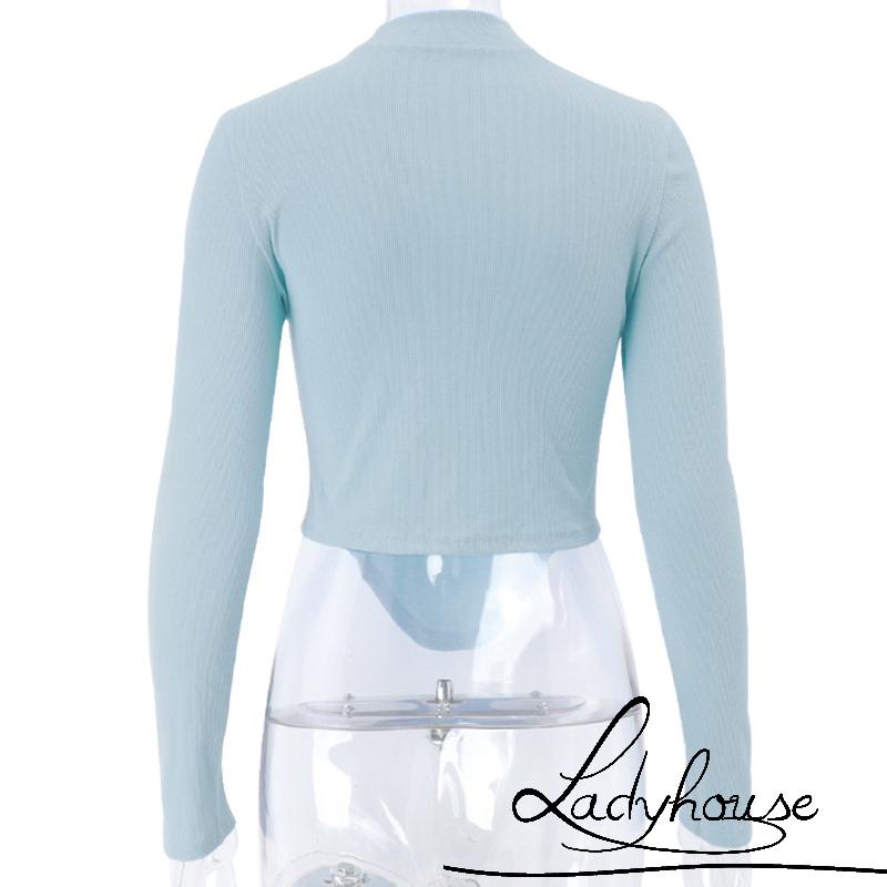 Áo Thun Dài Tay Cổ Cao Cắt Xẻ Màu Trơn Đơn Giản Dành Cho Nữ