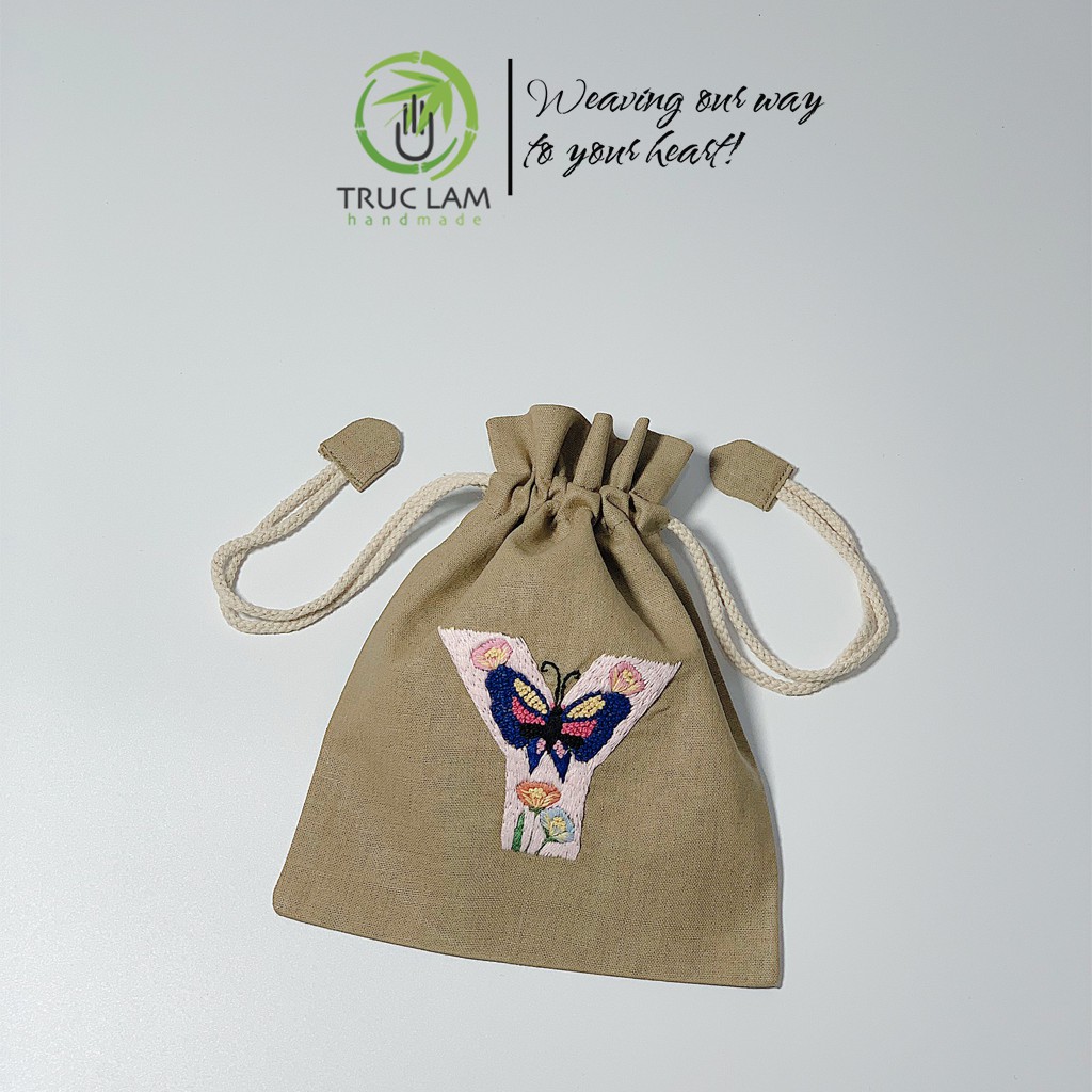 Túi Dây Rút Thêu Tay Họa Tiết Chữ Cái Y Phối Hoa Văn Nhiều Màu Sắc - Trúc Lâm Handmade