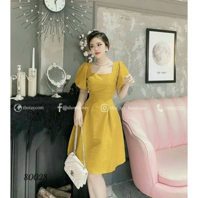 Đầm vàng xòe tay bồng cổ U size 50-65kg💕hàng y hình + video💕