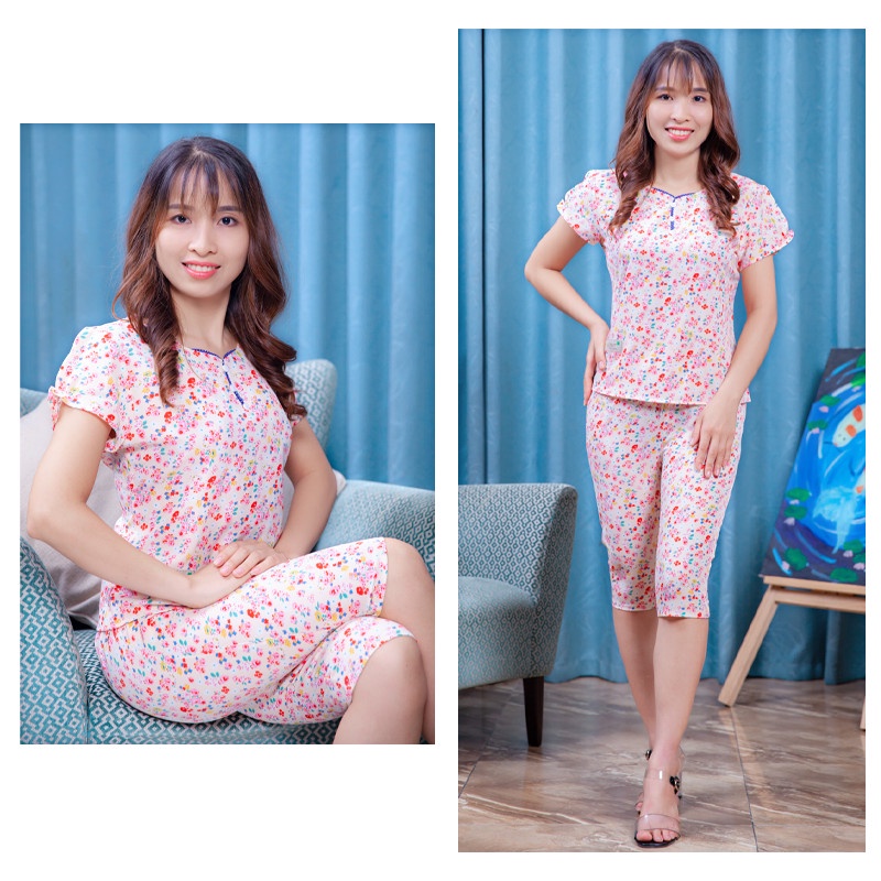 đồ bộ nữ mặc nhà đồ lửng lụa thiết kế cổ tim 3 khuy mã L3K bộ lửng mặc nhà lửng 3 khuy chất lụa mềm min