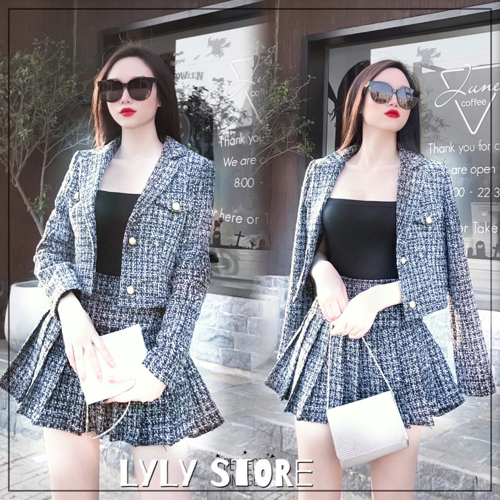 Set vest nữ cổ sơ mi chân váy xếp li ngắn 2 lớp công sở LD008
