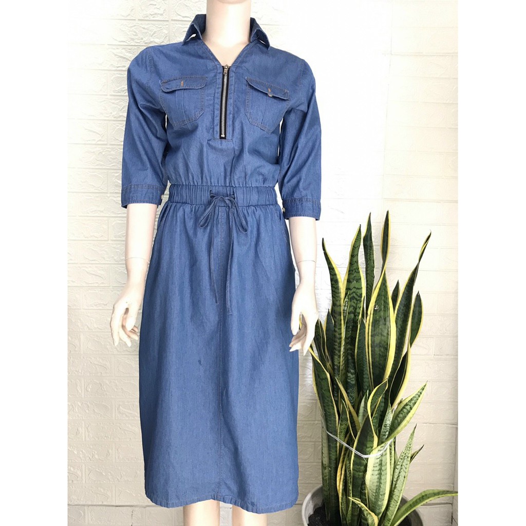 Đầm Jean Xoè Phối Dây Kéo, Đầm Jean