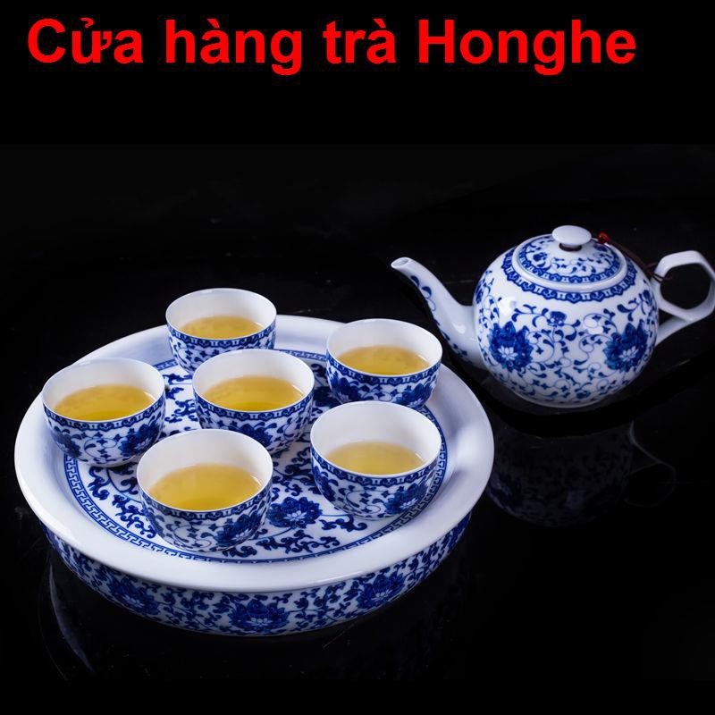 mocboBộ trà sứ trắng xanh Jingdezhen Kung Fu nhà quà tặng khay Trung Quốc phong cảnh tuyết phủ ấm