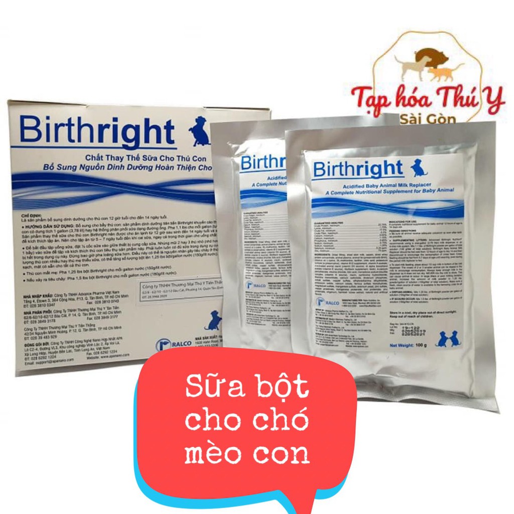 SỮA BỘT THAY THẾ CHO SỮA MẸ CHO CHÓ, MÈO CON. BIRTHRIGHT GÓI 100G