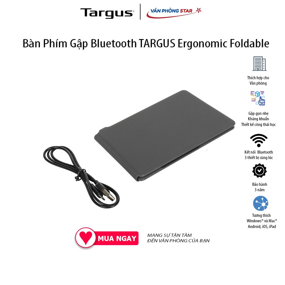Bàn phím gập Bluetooth TARGUS kháng khuẩn AKF003 dùng cho Windows, MacOS, Android, iOS, iPad chính hãng bảo hành 3 năm
