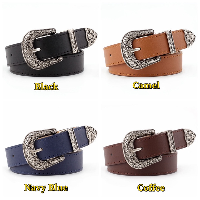 Thắt lưng da PU khoá chốt chạm khắc phối váy và quần jeans kiểu dáng thời trang phong cách vintage cho nữ