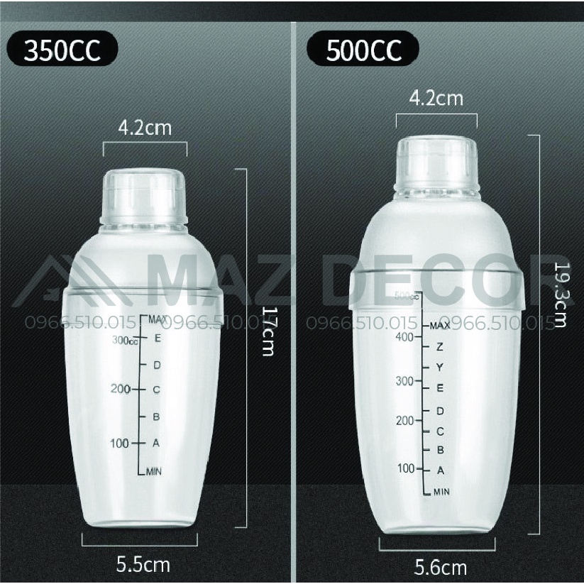 Bình lắc shaker nhựa pha chế cafe cocktail bartender 350ml-500ml-700ml-1lít