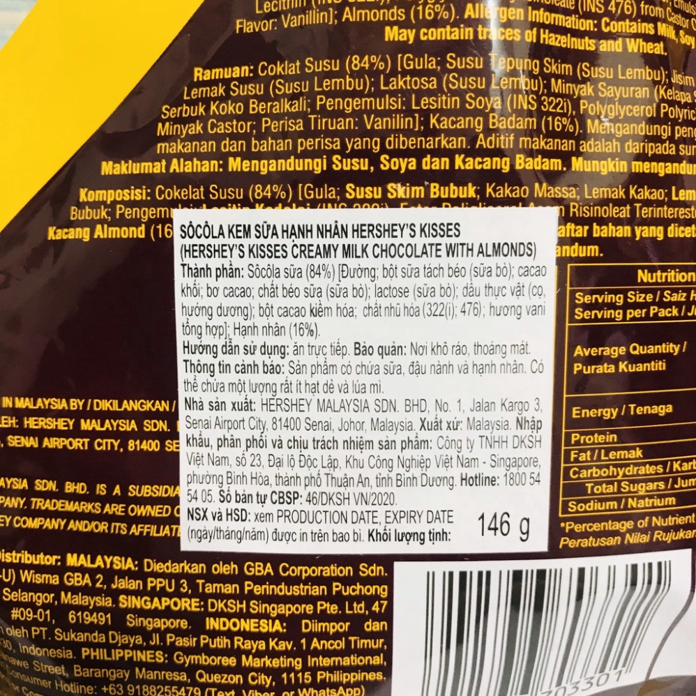 Socola Hershey'S Kisses Đủ Các Vị Gói 146g nhập khẩu Malaysia