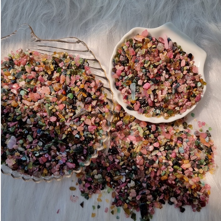Vụn đá phong thủy Tourmaline đa sắc, đá thanh tẩy dùng trong Reiki, Tarot, thiền định