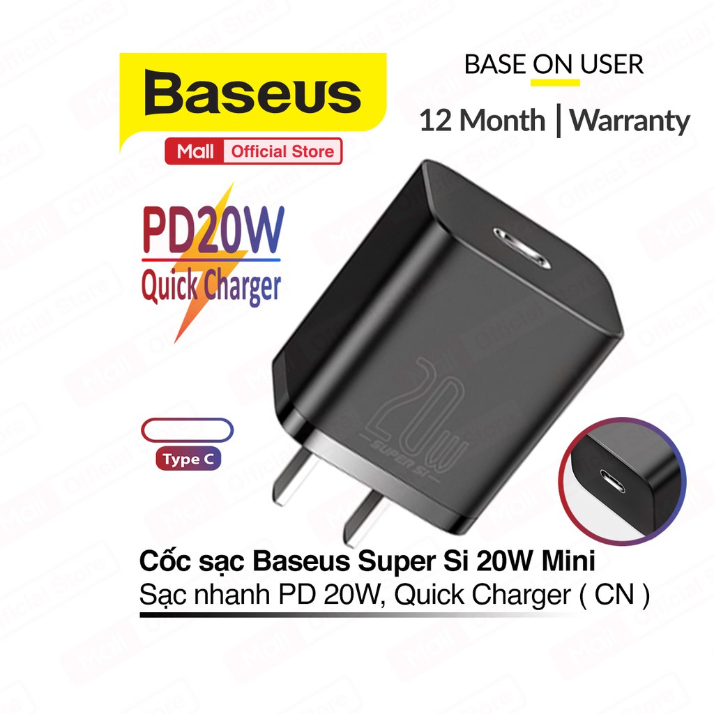 Củ sạc nhanh PD 20W BASEUS Super Si 1 cổng Type-C, Quick Charger, chân cắm tiêu chuẩn ( EU/CN )