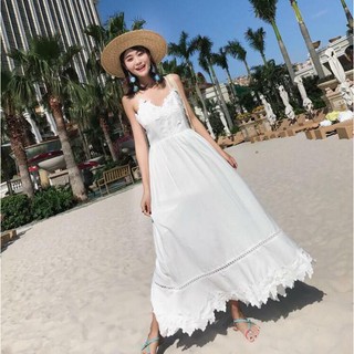 Đầm maxi phối ren dây lưng, đầm hai dây đi biển