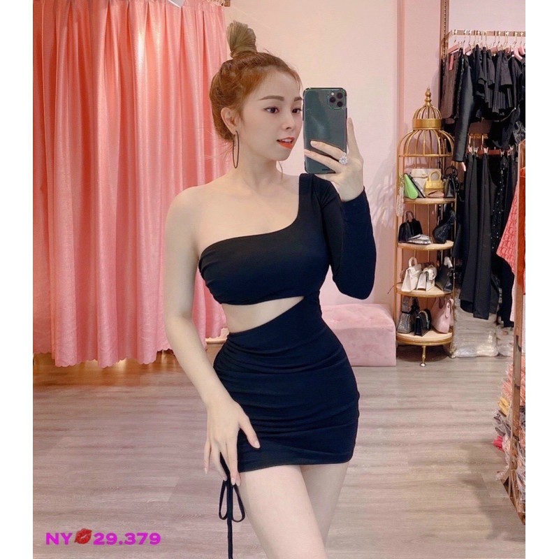Đầm body lệch vai khoét eo rút dây siêu đẹp y hình