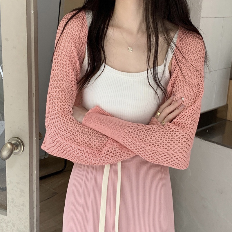 Áo Cardigan Dệt Kim Tay Dài Dáng Rộng Màu Trơn Khoét Lỗ Trước Ngực Cho Nữ