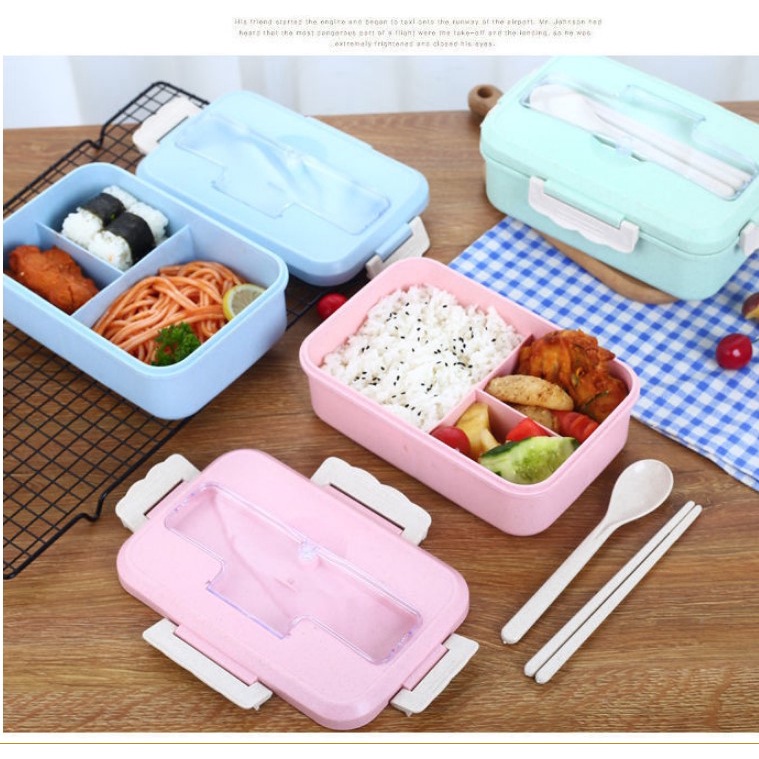 Hộp cơm văn phòng 3 ngăn kèm đũa thìa lúa mạch an toàn tiện lợi (có thể sử dụng với lò vi sóng)