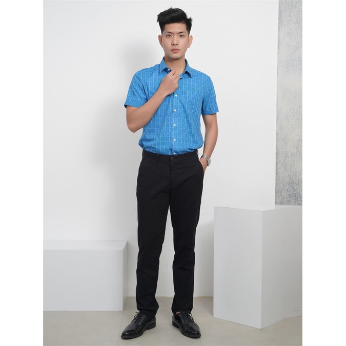 Áo sơ mi nam ngắn tay ARISTINO kẻ caro xanh, sợi tre, dáng slimfit