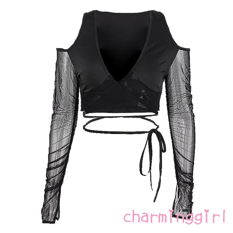 ◕‿◕Áo Croptop Tay Dài Cổ Chữ V Màu Sắc Trơn Thiết Kế Đơn Giản Thời Trang Dành Cho Nữ