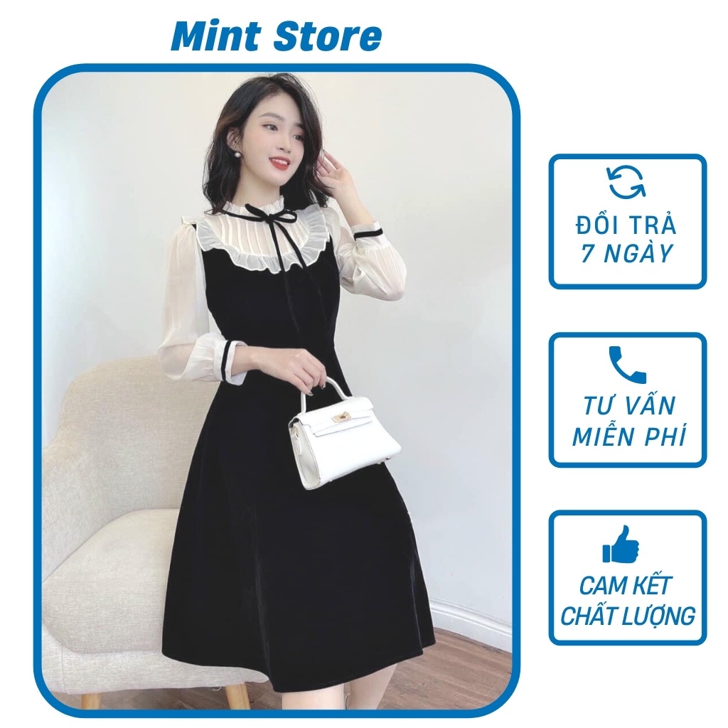 Váy thiết kế phối đen- trắng, đỏ trắng tay voan cổ bèo nơ kiểu dáng tiểu thư sang trọng