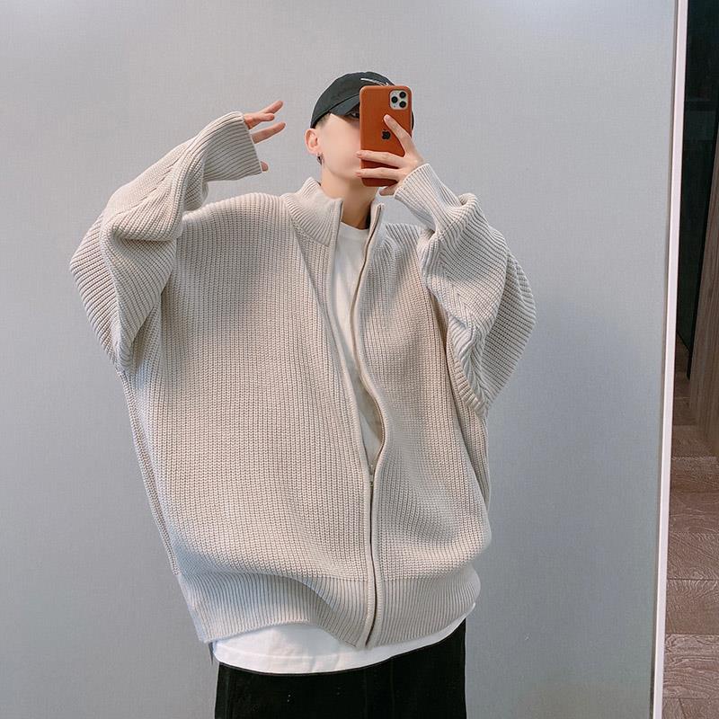 Áo Khoác Cardigan Dệt Kim Dáng Rộng Cổ Đứng Phối Khóa Kéo Phong Cách Nhật Bản Thời Trang Cho Nam Và Nữ