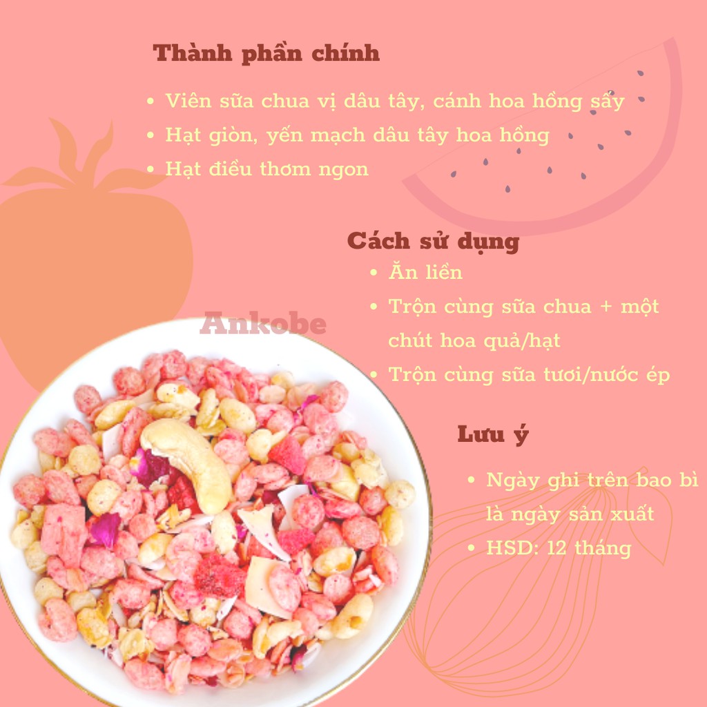 Ngũ cốc Ocak vị dâu tây hoa hồng 400gram ít đường dùng ăn sáng hỗ trợ giảm cân Calbee Ankobe