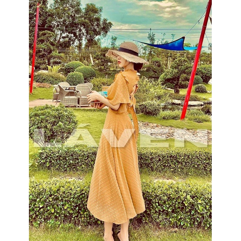 Đầm maxi voan bi nổi hở lưng cột nơ | BigBuy360 - bigbuy360.vn