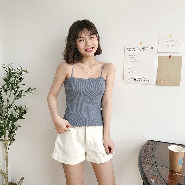 Áo Hai Dây Sợi Bún Dệt Kim Viền Cổ Gợn Sóng Dáng Ôm Mềm Mại - MSP T37 | BigBuy360 - bigbuy360.vn