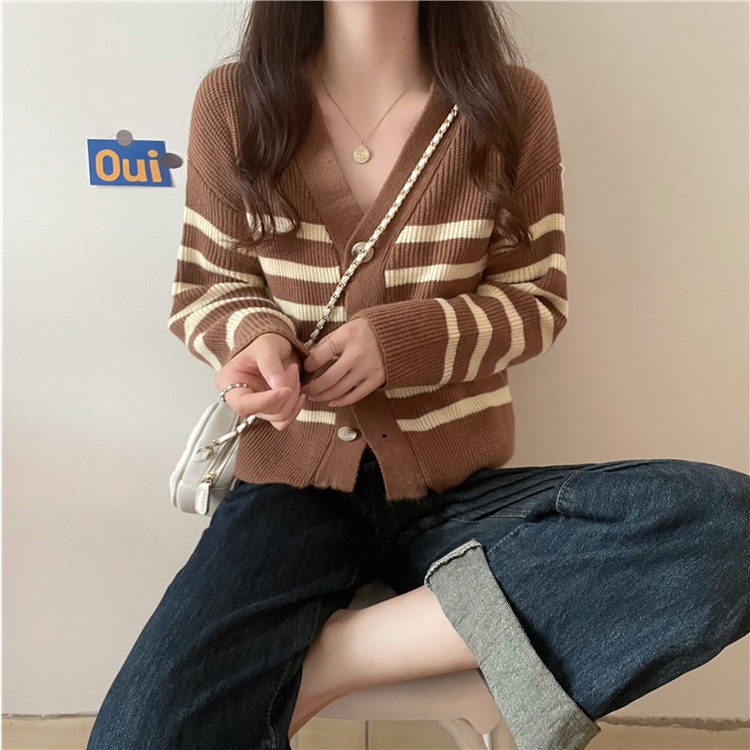 Áo khoác cardigan ZHELIHANGFEI dệt kim họa tiết kẻ sọc phong cách retro dễ phối đồ cho nữ