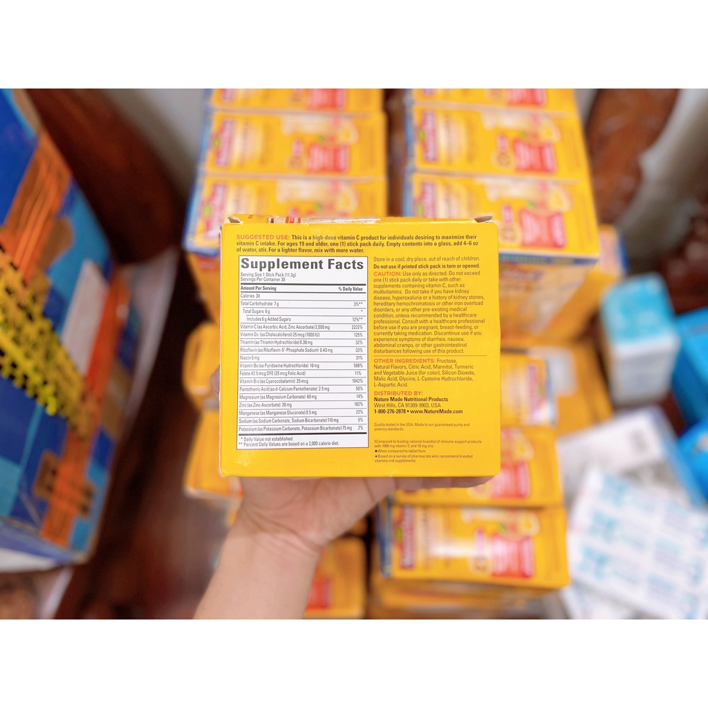 Bột Cam Nature Made Immune Max bổ sung vitamin C, Kẽm và khoáng chất tăng đề kháng, sức khỏe, hộp 30 gói