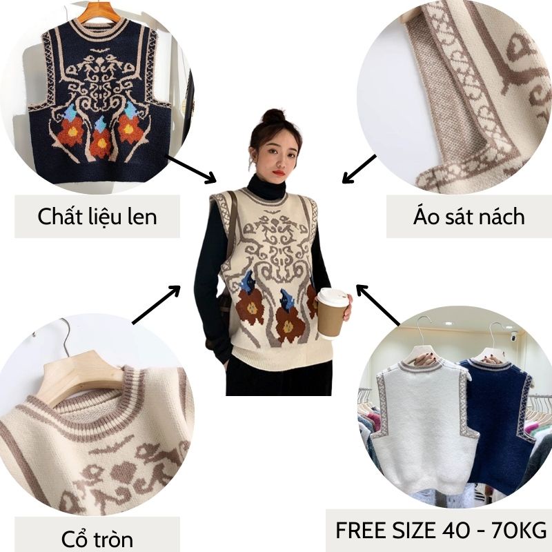 Áo gile len hoạ tiết thổ cẩm thời trang Hàn Quốc vintage siêu đẹp dễ phối đồ FIZANO