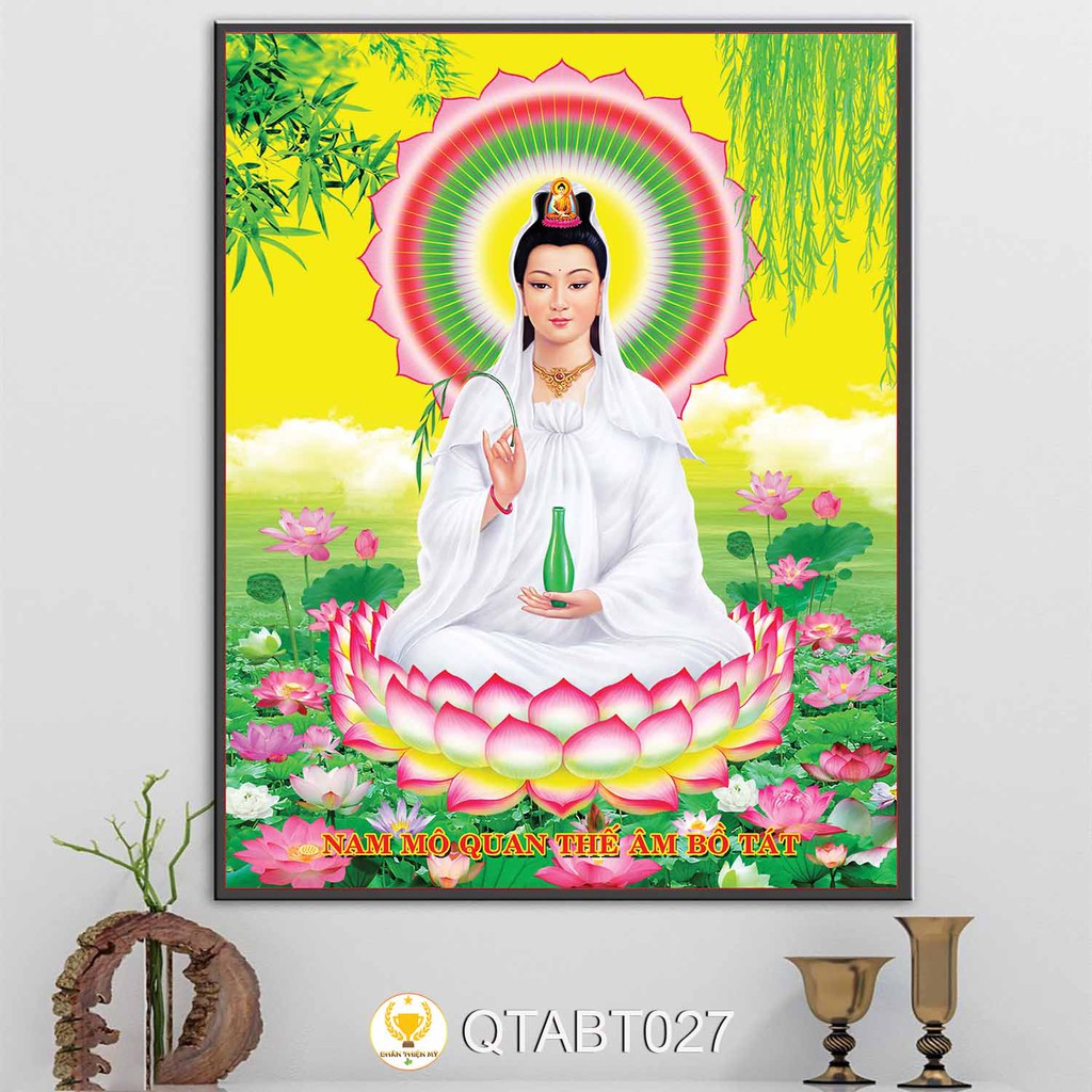 Tranh Quan Âm Bồ Tát có khung 40x60cm tặng đinh treo tranh