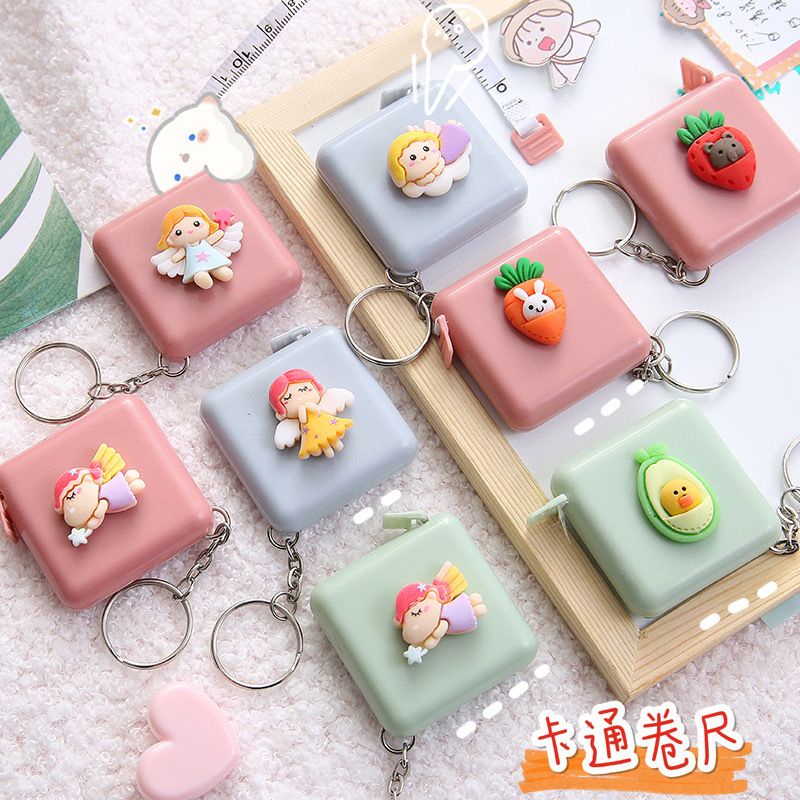 Móc khóa cuộn thước dây rút may mặc dài 1,5m có nút bấm tự động cute