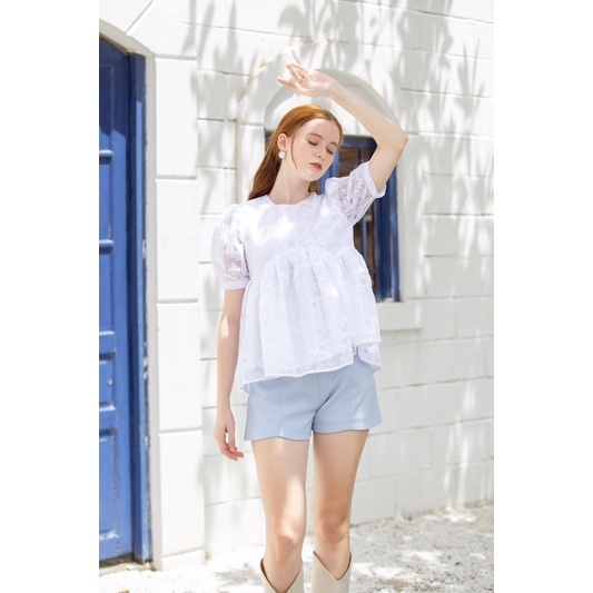 [Mã BMBAU50 giảm 50K đơn 150K] Ceci Cela - Áo Babydoll Tay Bồng Nhún Ngực Vải Voan Kính Hatti Trắng