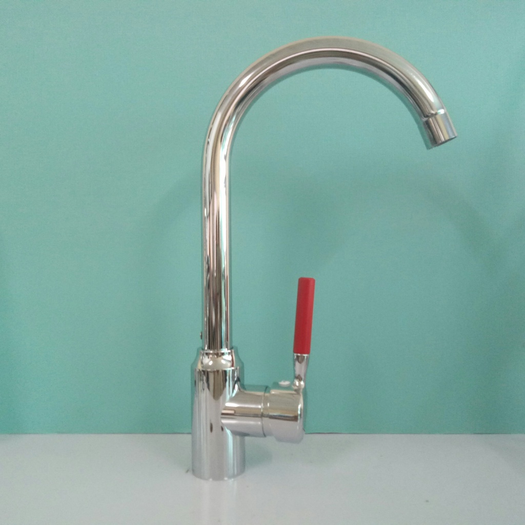 Vòi bồn rửa bát nóng lạnh cắm chậu ngồng cứng Inox bóng cổ bi xoay 360 độ cần gạt tròn đỏ sang trọng, bắt mắt