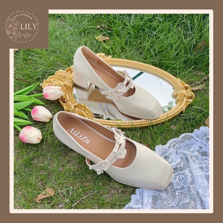 Giày cao gót mũi vuông Marry Jane quai ngang đính hoa phong cách vintage chất liệu da trơn tôn dáng dễ vệ sinh